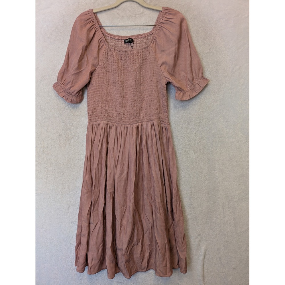 Mikarose Women's Size M Smocked Midi Dress Dusty Rose Pink Puff‎ Sleeve